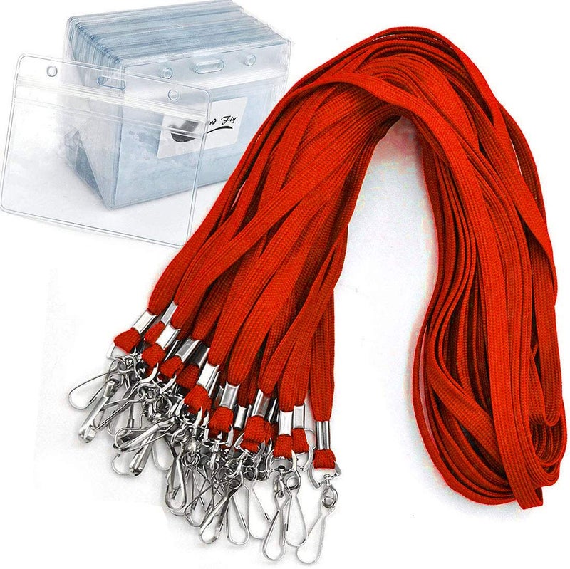 Bird FiyÂ® Lanyard/Badge Holder Pairs (Set of 50, Red): Woven Round Lanyard & Horizontal Sealable Waterproof Clear Plastic ID Card Name Tag Holder - Image 1
